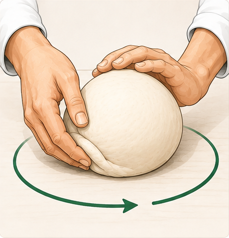 Beide Hände legen sich locker um einen runden Teigballen und schieben ihn in einer kreisenden Bewegung über die Arbeitsfläche.