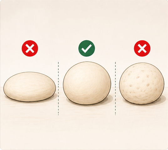 Drei Teigballen im Vergleich: links flach und faltig mit zu wenig Spannung, mittig glatt und rund mit guter Spannung, rechts mit unruhiger, überarbeiteter Oberfläche mit zu viel Spannung.